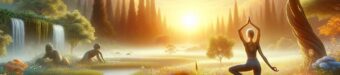 A serene yoga session in the forest at sunrise, surrounded by nature's beauty and tranquility